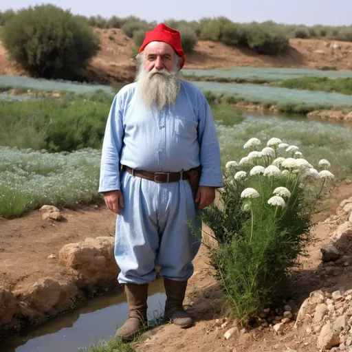 Prompt:  adult dwarf lppk like david ben gorion  dressed in light blue clothes and a red bonnet, standing on streamr bank  near   a white Daucus carota subsp in   kibbutz