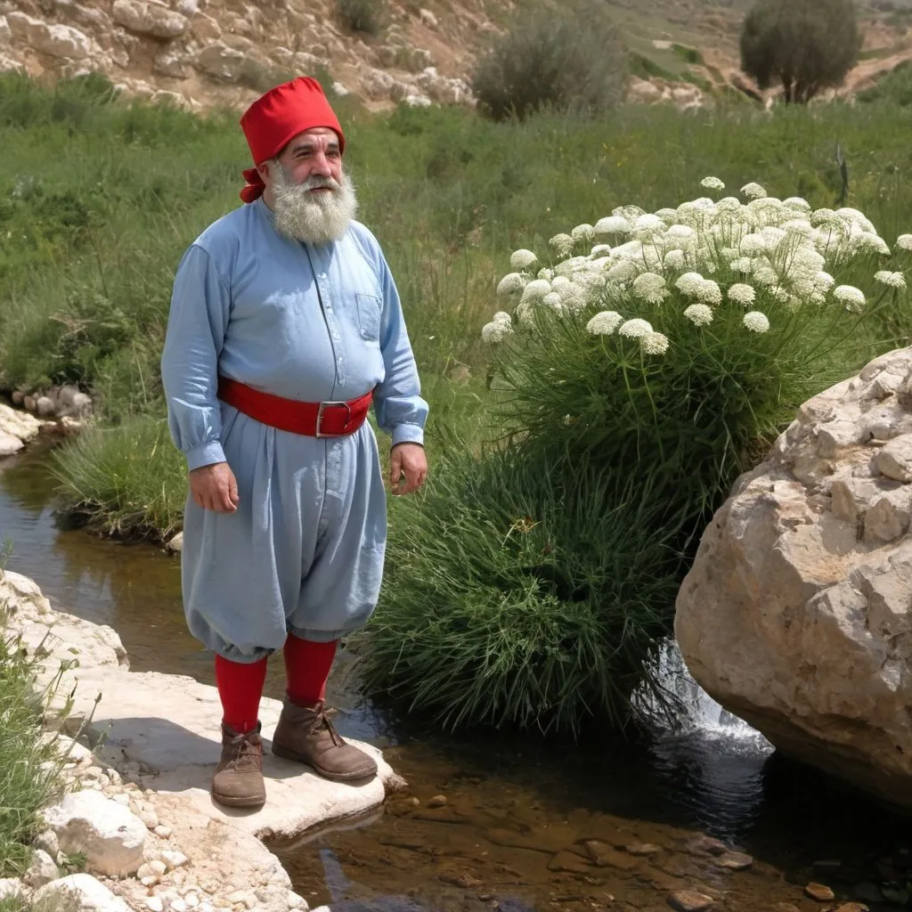 Prompt: An adult dwarf without a beard, dressed in light blue clothes and a red bonnet, standing  near  a stream under a white Daucus carota subsp in Israel