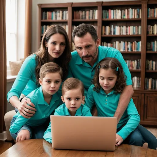 Prompt:  family watching together on a laptop dressed in turquoise behind a brown bookcase