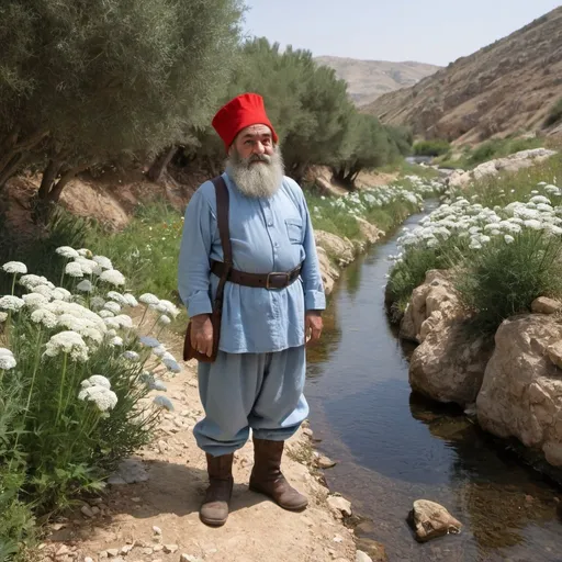 Prompt: An adult dwarf without a beard, dressed in light blue clothes and a red bonnet, standing  near  a stream under a white Daucus carota subsp in Israel