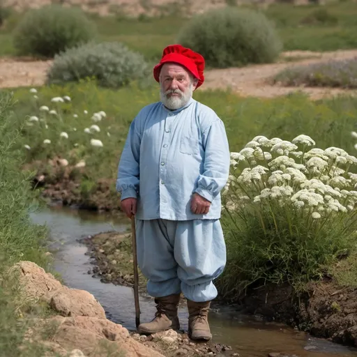 Prompt: An adult dwarf , dressed in light blue clothes and a red bonnet, standing on streamr bank  near   a white Daucus carota subsp in   kibbutz