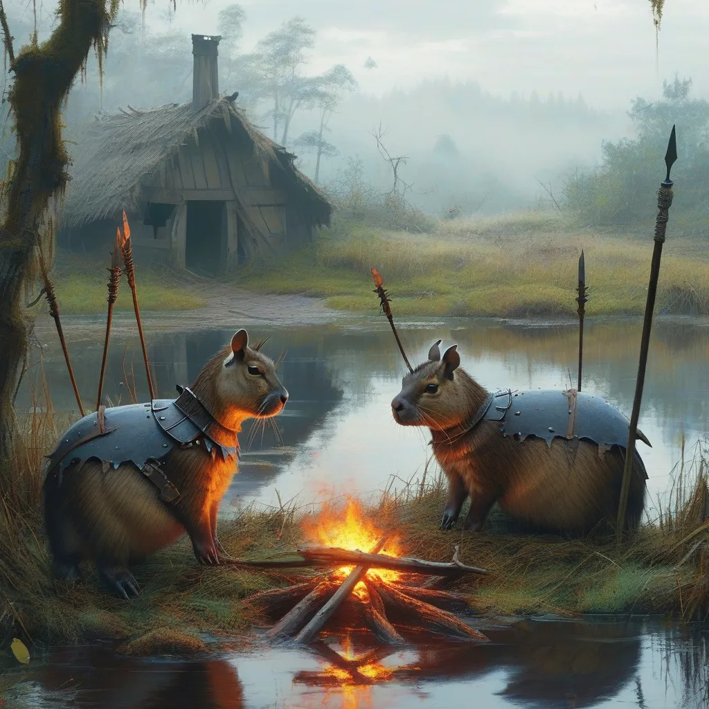 Prompt: Swamps in the morning, fog, dying fire. In the background a hut from a castle. Capybaras in armor with pikes. They sharpen their swords and prepare arrows. And a wizard rapucha sits by the water