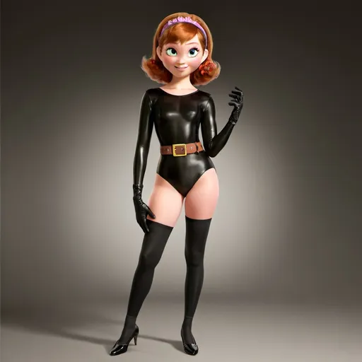 Prompt: Teenage girl wearing black latex ballet leotard, overknee high heeled boots and gloves, with a brown belt, high quality, attractive, shiny, detailed eyes, full body, black leotard, vibrant colors, teen, girl, high heel boots, domino mask, fifteen years old, smilling, sassy, atractive, disney, pixar
