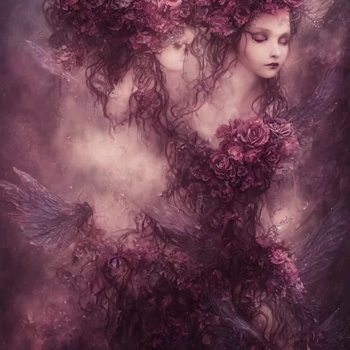 Prompt: Fantasy airbrush painting of a dark fairy and gothic man, fairy magic, intricate wings, long curly hair, oil painting, floral details by Stanley, Artgerm, and Tom Bagshaw, highres, detailed, fantasy style, gothic, magical, dark color palette, atmospheric lighting, enchanting scene