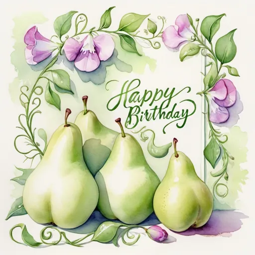 Prompt: Watercolor painting of sweet pea flowers and some green pears,and vines, fancy script 'Happy Birthday', feminine and whimsical, high definition, 200k, watercolor, sweet pea flowers, vines, fancy script, birthday card, feminine, whimsical, detailed, delicate, pastel colors, intricate details, elegant, soft lighting
