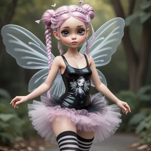 Prompt: -Realism, soft focus, very detailed illustration of a sassy fairy, with hair in braids, irridescent colors, she is wearing a tule tutu, and a black body suit, she has black and white striped stockings, on and wearing doc marten boots 4K
