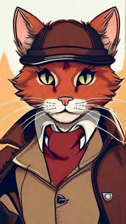 Prompt: tabaxi that looks like Sherlock Holmes, rusty red fur, anthropomorphic cat, wearing leather outfit and bowler hat, rapier in scabbard, outdoors