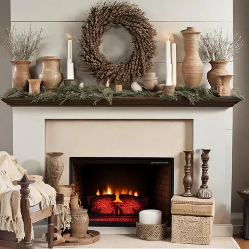 Prompt: fireplace decor with pottery and neutral floral 