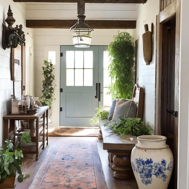 Prompt: Antique farmhouse entry with bench, pottery and greenery 