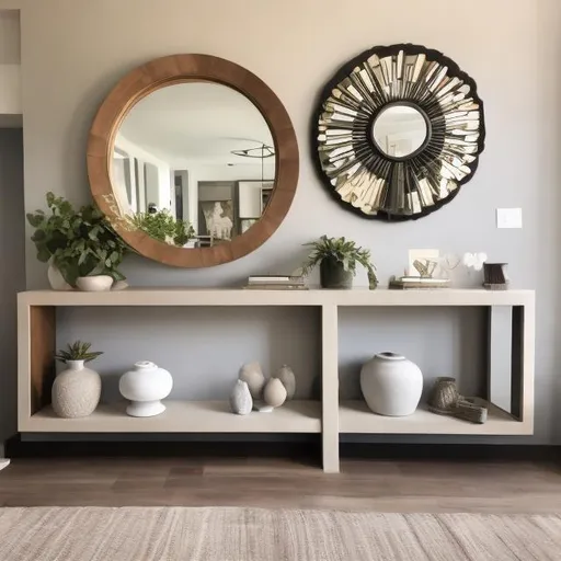 Prompt: Modern Console table with mirror and neutral pottery and seating 