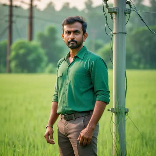 Prompt: a man standing in front of a power pole in a field of green grass and trees in the background, Bikash Bhattacharjee, color field, profile picture, a picture