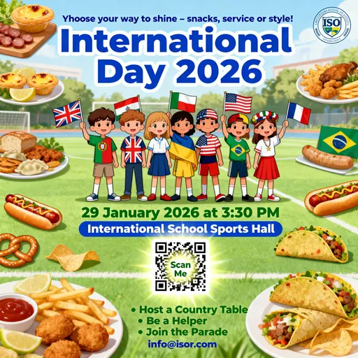 Prompt: I need to create flyers and posters for International Day at school.  This is the school, you can incorporate the logo.  (ISO) blue and green are the main colours.  https://isor.ro/ro/acasa/. 🗓️ Event: International Day 2026 📅 Date & Time: 29 January 2026 at 3:30 PM 📍 Location: International School Sports Hall 🔗 QR Code: Placeholder labeled “Scan Me” 📧 Contact: info@isor.com.  There needs to be 3 options on the flyer or poster:  Below the QR code: three bullet icons with short lines: • Host a Country Table • Be a Helper • Join the Parade A short teaser: “Choose your way to shine – snacks, service or style!”  Add some kids from various countries boys and girls waving flags in international outfits.  make sure to have Portugal, UK, Romania, UKraine, America, Germany, Mexico, Brazil.  Keep it cartoon style, not real children. Maybe incorporate some snacks from different countries? Make it very clear that the QR code needs to be scanned.  Below was my favourite one so far
