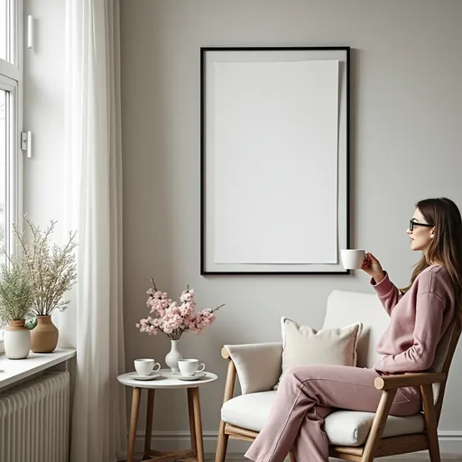 Prompt: skandinivian living room picture poster frame that is black and also a woman drinking coffees and also  realy flowers as a psd mockup
