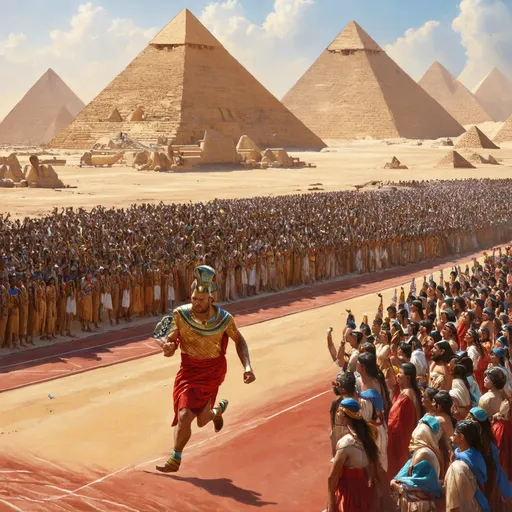 Prompt: Egyptian ritual, Heb-Sed, Hyper realism, Temple, Desert in the background, ceremonial clothing, many people, religious ceremony, pharaoh running on a track, piramids in background, big crowd