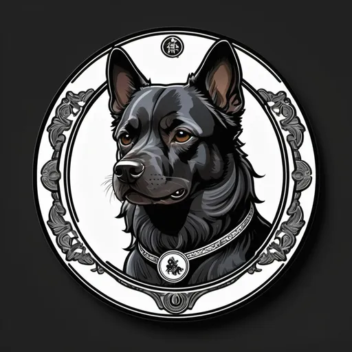 Prompt: I want to see a dog with a Chinese male crest caricatured and placed as the logo or central image of a brand of dehydrated products for canine consumption.

I want to see a black or white background. Lines and visual details that allow the dog to be widely recognized.  The dog must be inside a circular sticker.