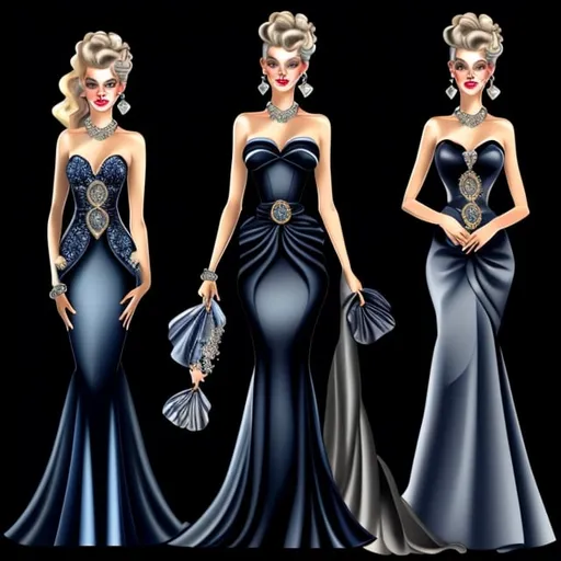 Prompt: Fashion illustrations of high-fashion evening dresses colors and fabrics of navy blue, black,silky and fine, details of crystals. 
straight strapless mermaid silhouette