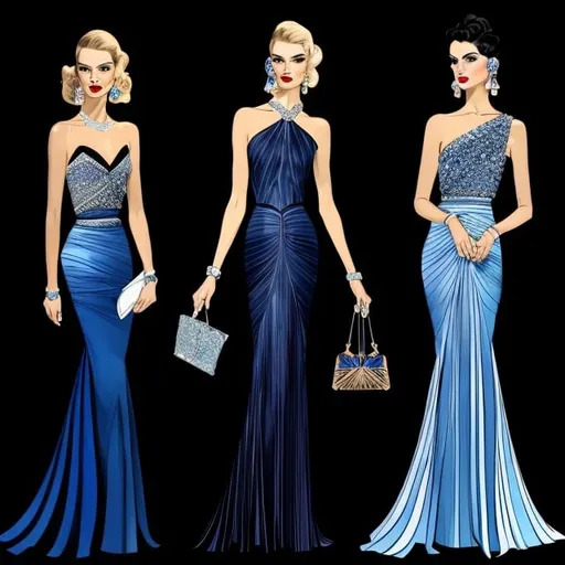 Prompt: three women in evening dresses with a purse and purses on their shoulders, one in blue and the other in black, white, Crystals Edwin Georgi, art deco, fashion, a digital rendering