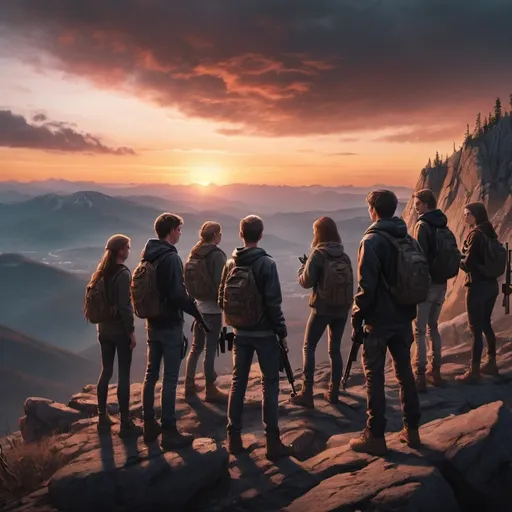 Prompt: a croud of 10 young adults holding guns overlooking an apocalyptic sunset on the top of a mountain