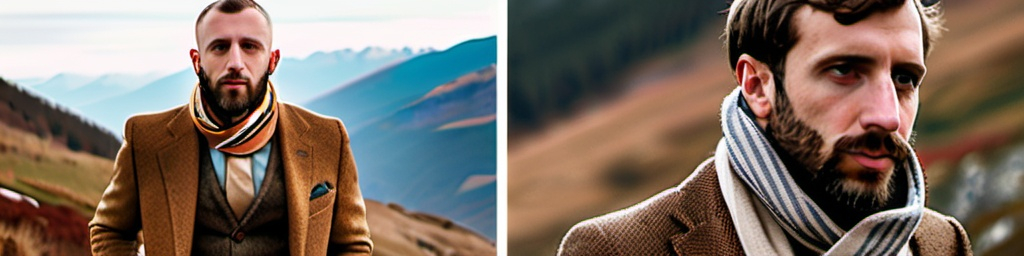 Prompt: rugged man in the mountains wearing fine tweed suit, cashmere scarf. 