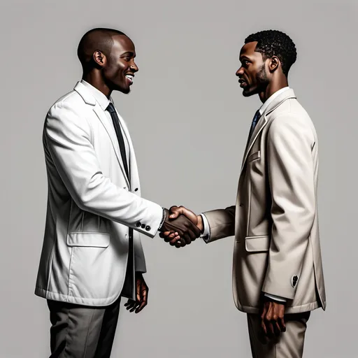 Prompt: a black man 5 feet hight wearing a dirty tshirt and white man wearing a coat suit shaking hand. Realistic add heading unity