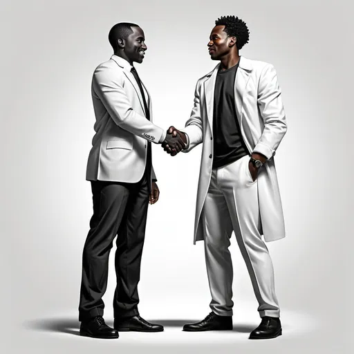 Prompt: a black man 5 feet hight wearing a dirty tshirt and white man wearing a coat suit shaking hand. Realistic add heading unity add a font like UNITYin top in black color and bolt