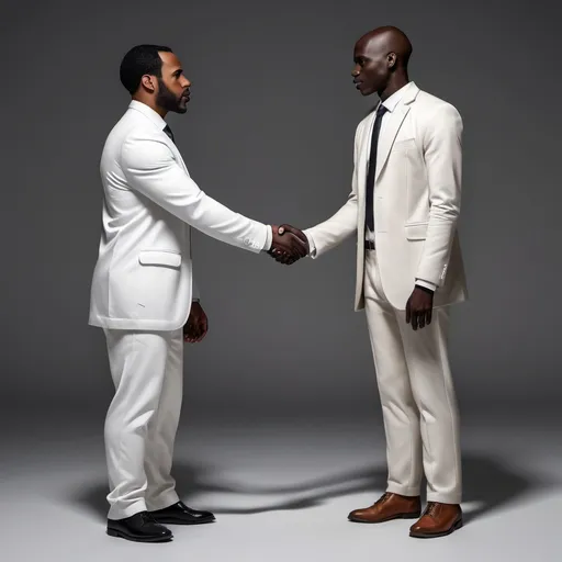 Prompt: a black man 5 feet hight wearing a dirty tshirt and white man wearing a coat suit shaking hand. Realistic