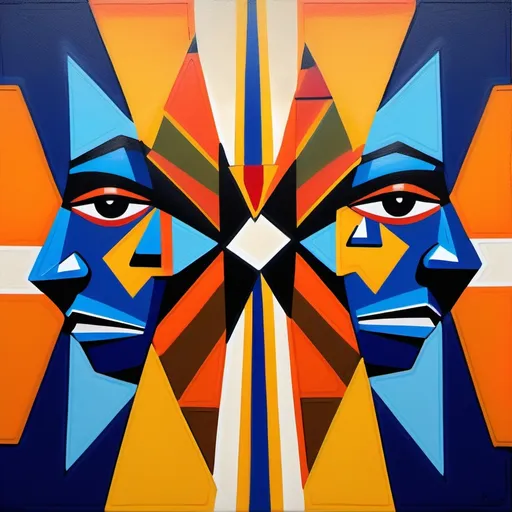 Prompt: Traditional South African vibrant, geometric and symmetrical abstract painting  in banksy migration, militarism, and modern politics style with more militarism, politics and street art influence. More vibrant and light. No star shapes, add outlines of people