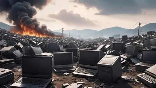 Prompt: a dystopian mountain landfill junkyard full of broken computers, laptops, CPUs, keyboards, harddisk drives. realistic. smoke in the sky. burning.