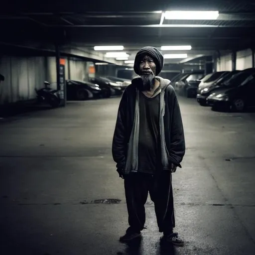 Prompt: Asian homeless man living in a dimly lit multi-storey carpark lot
