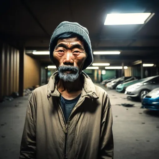 Prompt: Asian homeless man living in a dimly lit multi-storey carpark lot in a cardboard home
