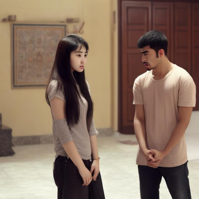 Prompt: An angry and abusive arab boyfriend and his Chinese girl is upset in the corner

