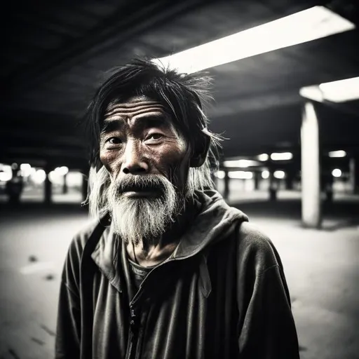 Prompt: Asian homeless man living in a dimly lit multi-storey carpark lot
