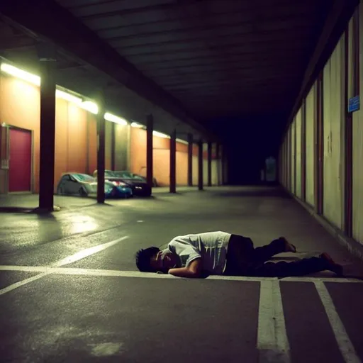 Prompt: Asian poor man sleeping in a dimly lit multi-storey 
carpark lot
