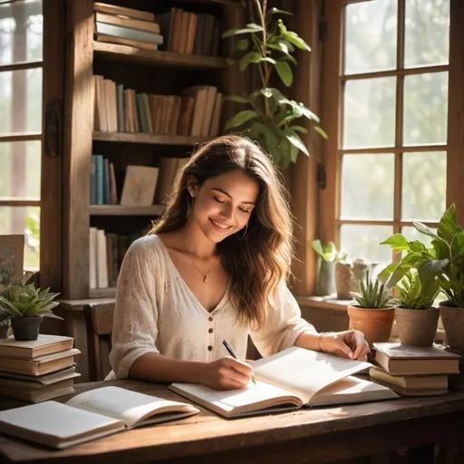 Prompt: "Create an image featuring a young, beautiful and well dress woman sitting at a rustic wooden desk by a sunlit window. She is surrounded by an array of journals, each filled with colorful pages and inspiring quotes. With a gentle smile on her face, she writes in her journal with focused determination. The room is adorned with plants, books, and cozy decor, creating a serene and inviting atmosphere. Capture the essence of the transformative journey that unfolds through the practice of daily journaling, portraying it as an empowering and enriching experience."