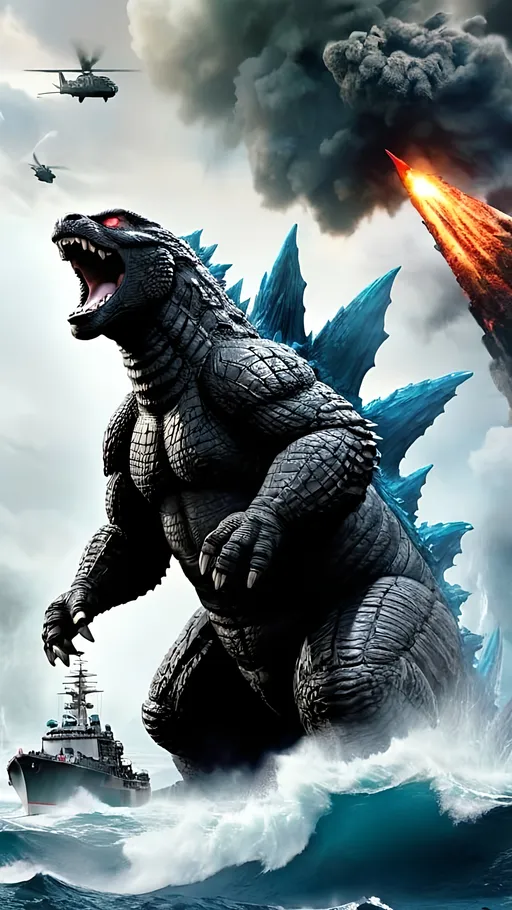 Prompt: I just finished watching ‘Godzilla Minus One’ and would like to see some cool Godzilla Minus One themed stuff! So create a cool and interesting movie poster for Godzilla Minus One! MAKE IT HIGH GRAPHICS! With bold letters in the bottom middle of the movie poster saying “GODZILLA MINUS ONE”! Godzilla will be standing in the ocean with war battle ships surrounding Godzilla and fire everywhere! 