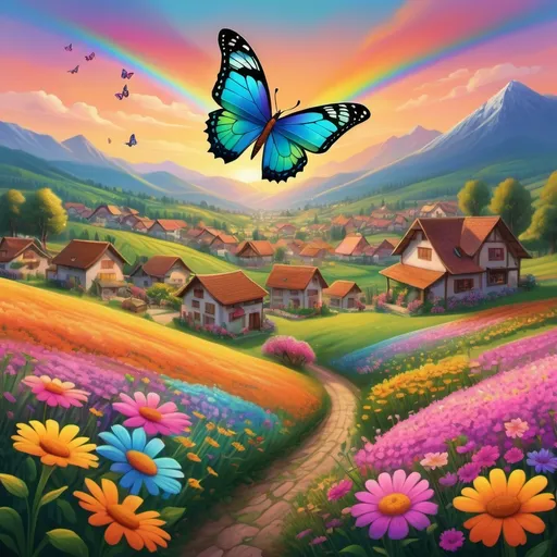 Prompt: In the center, a large butterfly with wings shimmering in the colors of the rainbow (blue, pink, green, and yellow) flies over a flowering field full of colorful flowers.
 - In the background, a small village is surrounded by mountains and forests, with an orange sky at sunset adding a warm and cozy atmosphere.
 - At the side of the field, Yasmin, a young girl in a simple light pink dress, sits looking at the butterfly with a dazzling smile.
 - At the top of the cover, the title of the story is written in a large, playful font: "The Magic Butterfly," in ornate, sparkling lettering with tiny stars.
 - At the bottom of the cover, a small inscription reads: "A story about friendship, love, and the power of goodness."

Bright colors and delicate details make the cover appealing to children, while maintaining a touch of magic and fantasy.
