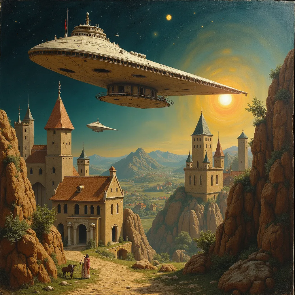 Prompt: create an image in the style of hieronymus Bosch showing a star wars starship up to a medieval city