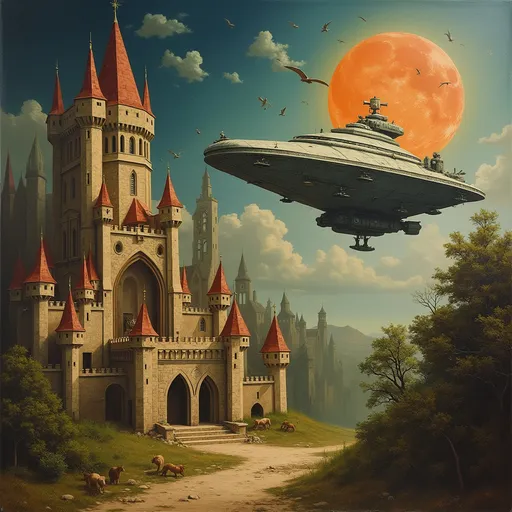 Prompt: create an image in the style of hieronymus Bosch showing a star wars starship up to a medieval city