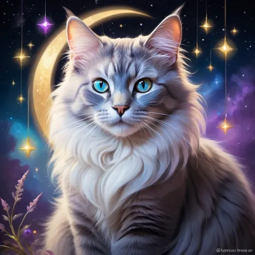 Prompt: Create a stunning digital painting of a cat in a whimsical fantasy setting. The cat should have a luxurious, multi-colored fur coat with a blend of vibrant blues, purples, and golds. It should be sitting gracefully on a crescent moon against a starry night sky. The cat's eyes should be large and expressive, glowing with a soft, ethereal light. Surround the cat with floating, magical orbs and delicate, twinkling stars. Add subtle, glowing patterns to the fur to enhance the mystical effect. The overall mood should be enchanting and serene, capturing a sense of wonder and tranquility