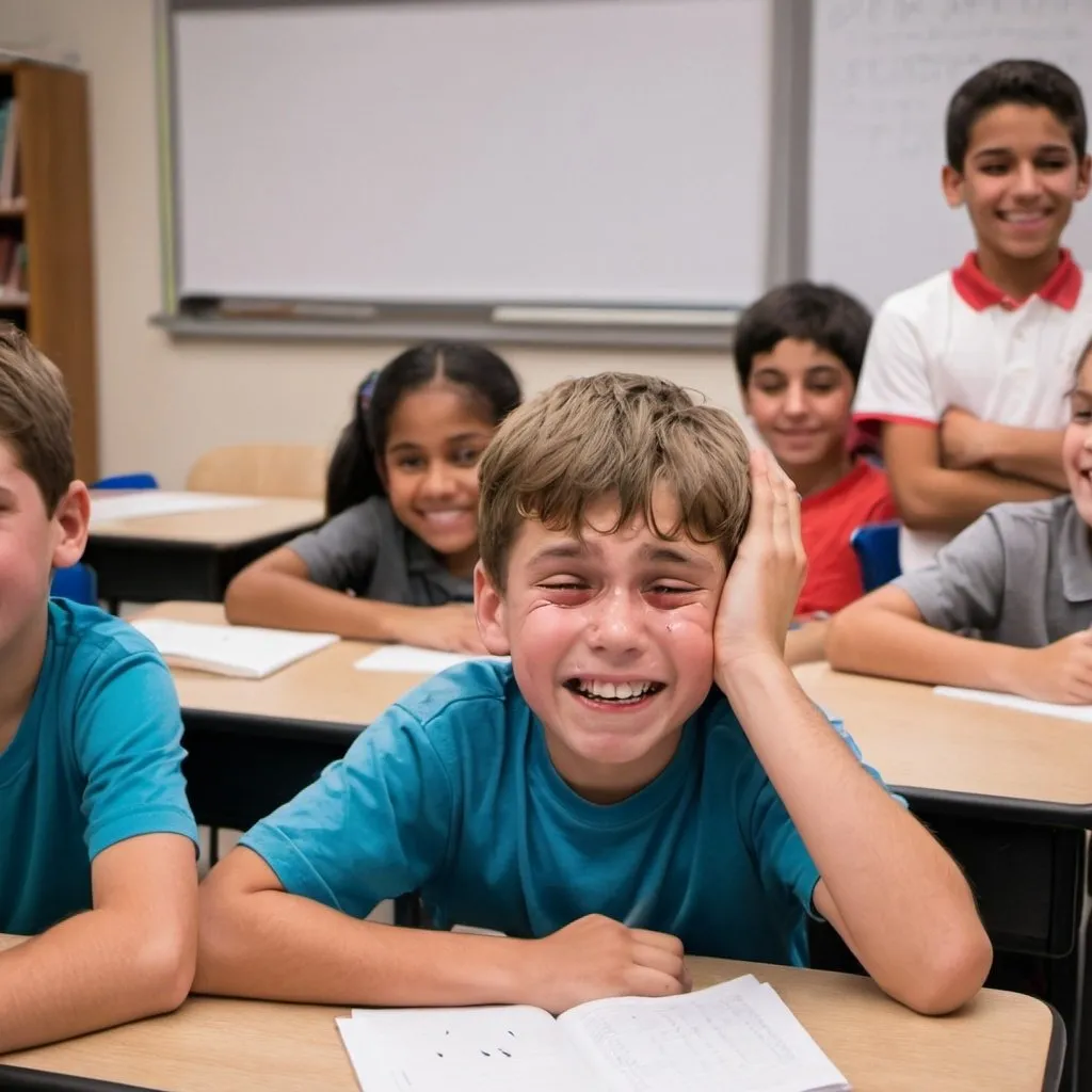 Prompt: the student sits at his desk holding back his tears while he looks at his stomach. The kids around him smiling with joy! 