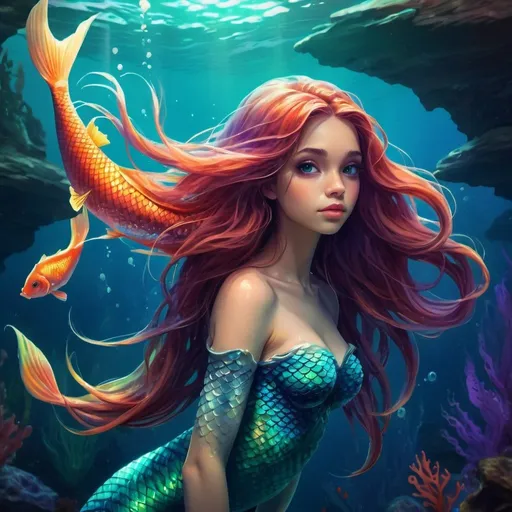 Prompt: Girl with fish body, underwater environment, vibrant colors, detailed scales, flowing long hair, high quality, digital painting, fantasy, mermaid, aquatic theme, colorful lighting, ethereal atmosphere
