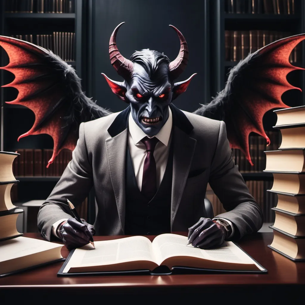 Prompt: a tall posh demon with wings who is an evil accountant, writing in a book in an office full of evil books