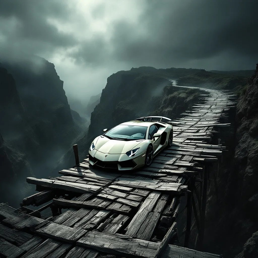 Prompt: A yellow Lamborghini Aventador is driving on a broken, collapsing bridge high above a deep canyon. The wooden planks are cracked, some parts of the bridge are missing, and the car's tires are barely gripping the unstable surface. The background is dark and foggy, with storm clouds adding a dramatic atmosphere. The scene is intense, cinematic, and full of suspense."