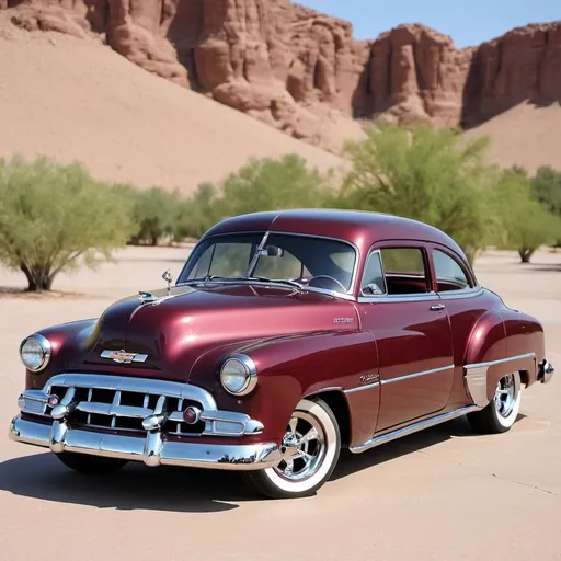 Prompt: 1952 Chevrolet styleline 2 door maroon color lowered desert scene