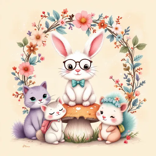 Prompt: Create a cute and whimsical t-shirt design featuring adorable characters or creatures. Use pastel colors and playful illustrations to make it charming and endearing