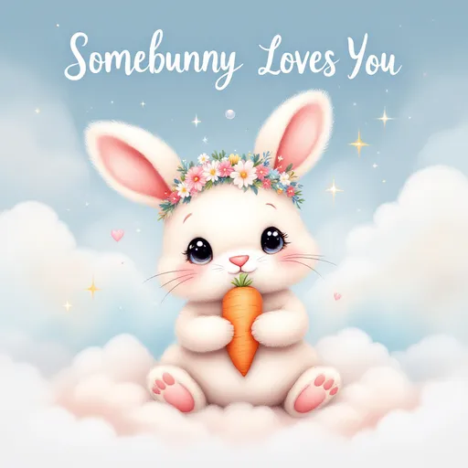Prompt: Here’s the concept for your cute bunny baby t-shirt:

Bunny Character:

Name: Binky the Bunny
Description: A fluffy, chubby baby bunny with big sparkling eyes, soft pastel fur (light cream or blush pink), and oversized floppy ears. Binky has a tiny heart-shaped nose and a little flower crown made of daisies and baby’s breath.

T-Shirt Design:

Background: A dreamy watercolor cloudscape in pastel pinks, blues, and yellows.

Binky’s Pose: Sitting with a gentle smile, tiny paws holding a baby carrot or a star-shaped balloon.

Extras: Small glowing stars, floating bubbles, and soft sparkles to give it a magical feel.

Typography: Handwritten-style font with a soft, warm feel.

Quote for the T-Shirt:

"Somebunny Loves You"


