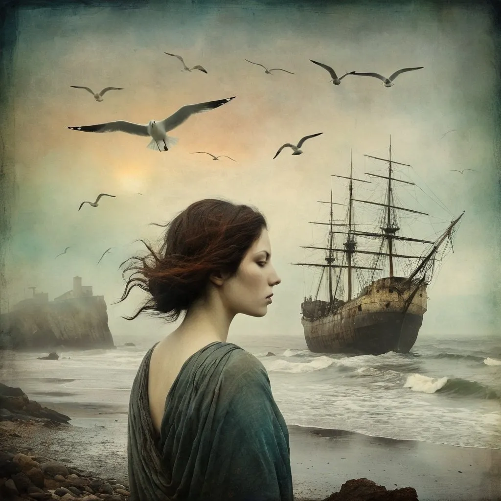 Prompt: Double exposure, misty, foggy, album art, avant garde, close-up beautiful lost castaway woman, captivating, stunning, seagulls, rocky beach, Eerie atmosphere, grunge sunset background, oils, expressive brushstrokes, shipwreck, Dave McKean, Jamie Heiden, Catrin Welz-Stein, Andrea Kowch