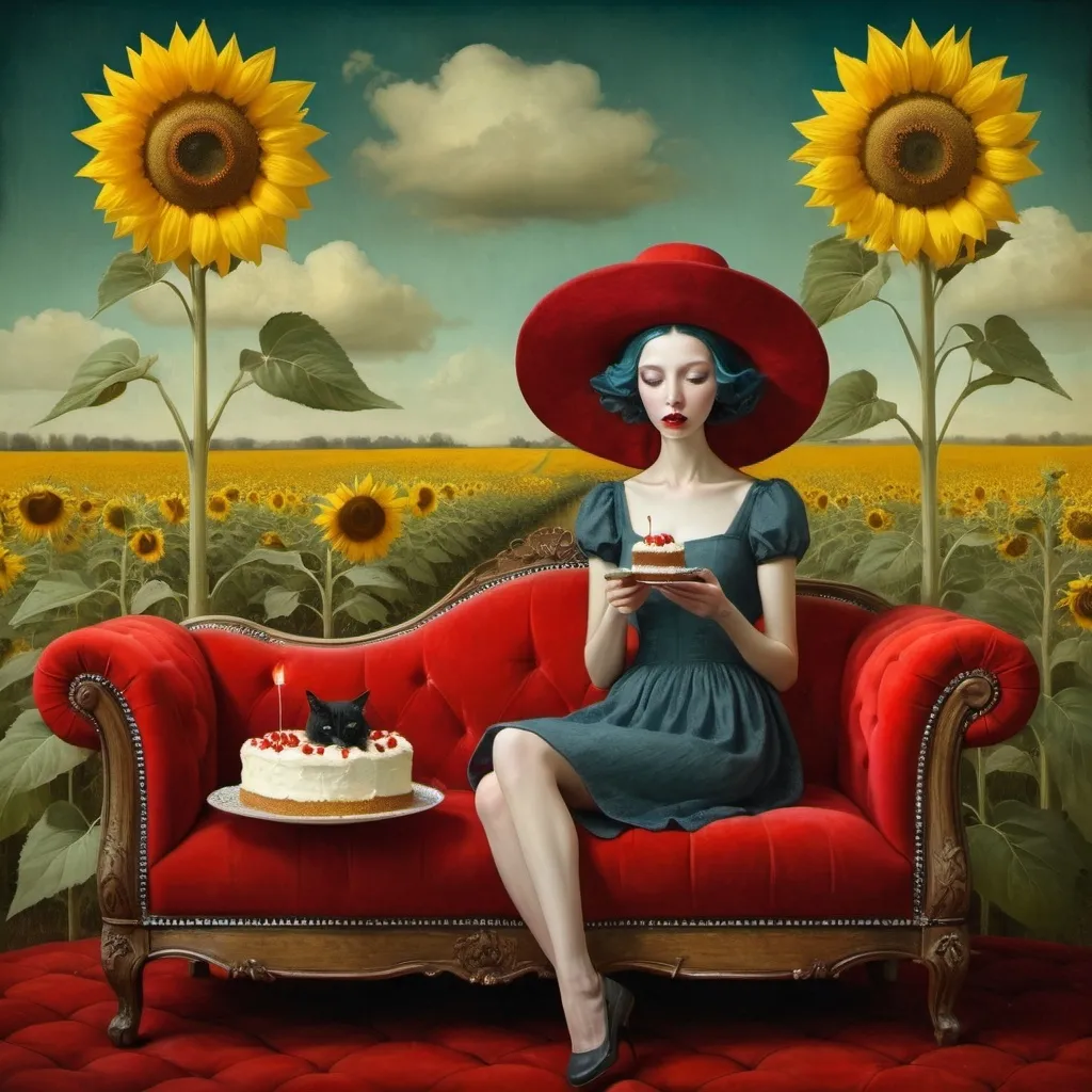 Prompt: sitting on a fancy red couch in a sunflower field eating cake, weird hat, Contemporary Surrealism, Catrin Welz-Stein, Thomas Dodd, Andrea Kowch, Salvador Dali