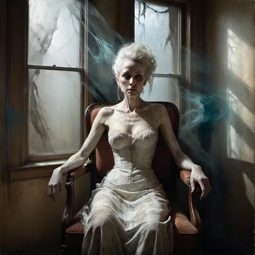 Prompt: Portrait, Hauntingly beautiful ghostly apparition stunning grandeur, sitting in a chair by the window, piercing gaze, rococo, shadowy, ephemeral, eerie, ominous, distressed texture, perpendicular lines, color blocks, oils, expressive brushstrokes, sgraffito, Mira Schendel, Cathy Locke, Stefan Gesell, Bastien Lecouffe-Deharme, 