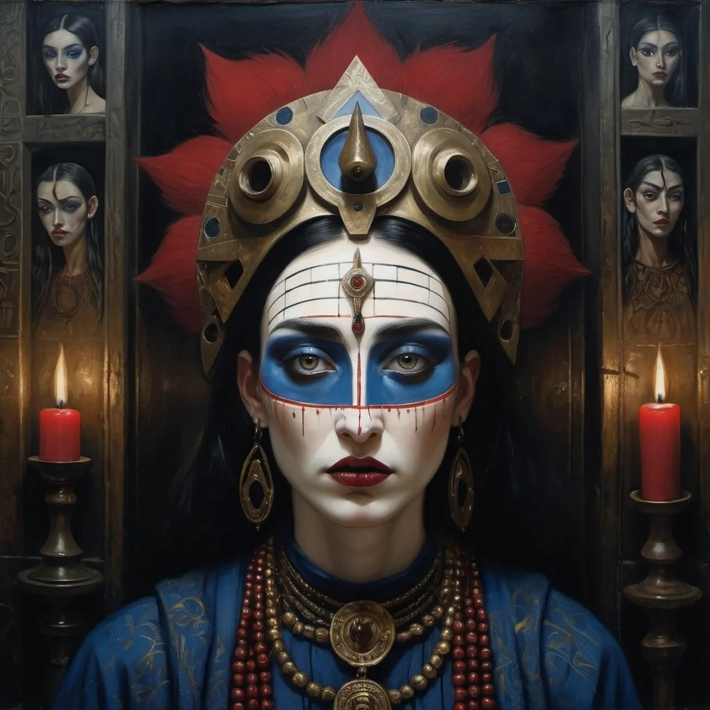 Prompt: Portrait of a beautiful cult leader, wearing a ritualistic mask; standing in a dimly lit underground chamber entrance adorned with symbols and flickering dark red candles, detailed stunning eyes, sinister glare, human sacrifices on either side, light mist, cobalt blue, intricate gold embellishments, elaborate, eerie, ominous, suspenseful, oils, colored charcoal, expressive brushstrokes, Catherine Nolin, Margaret Macdonald Mackintosh, Deborah Turbeville, Rimel Neffati, Karol Bak, Leonora Carrington, Harumi Hironaka